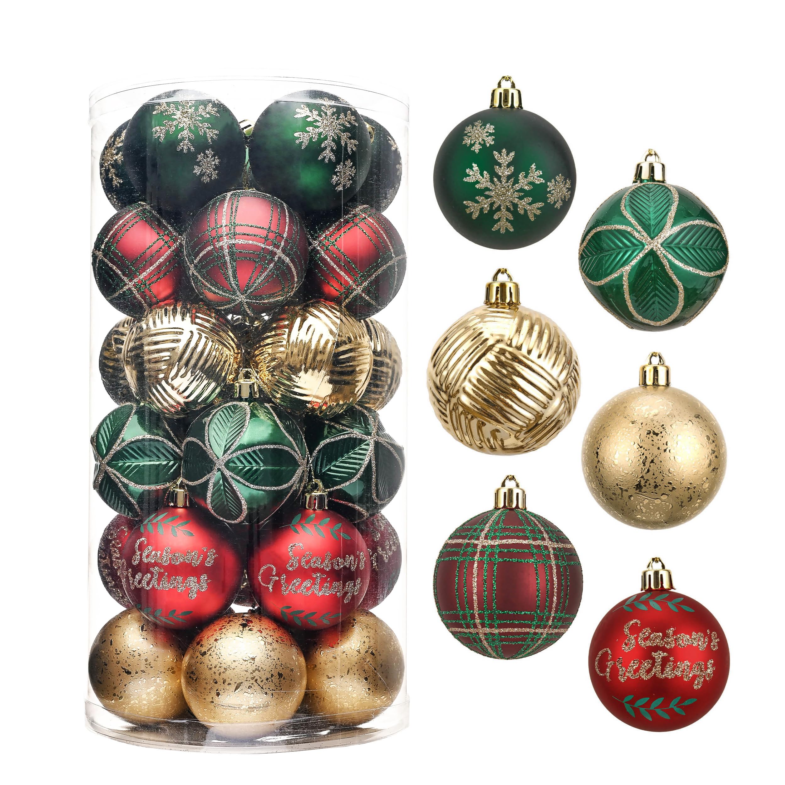 Valery Madelyn Christmas Tree Decorations - Red, Green and Gold Baubles 30pcs 6cm Shatterproof Balls Ornaments for Xmas Tree Decoration