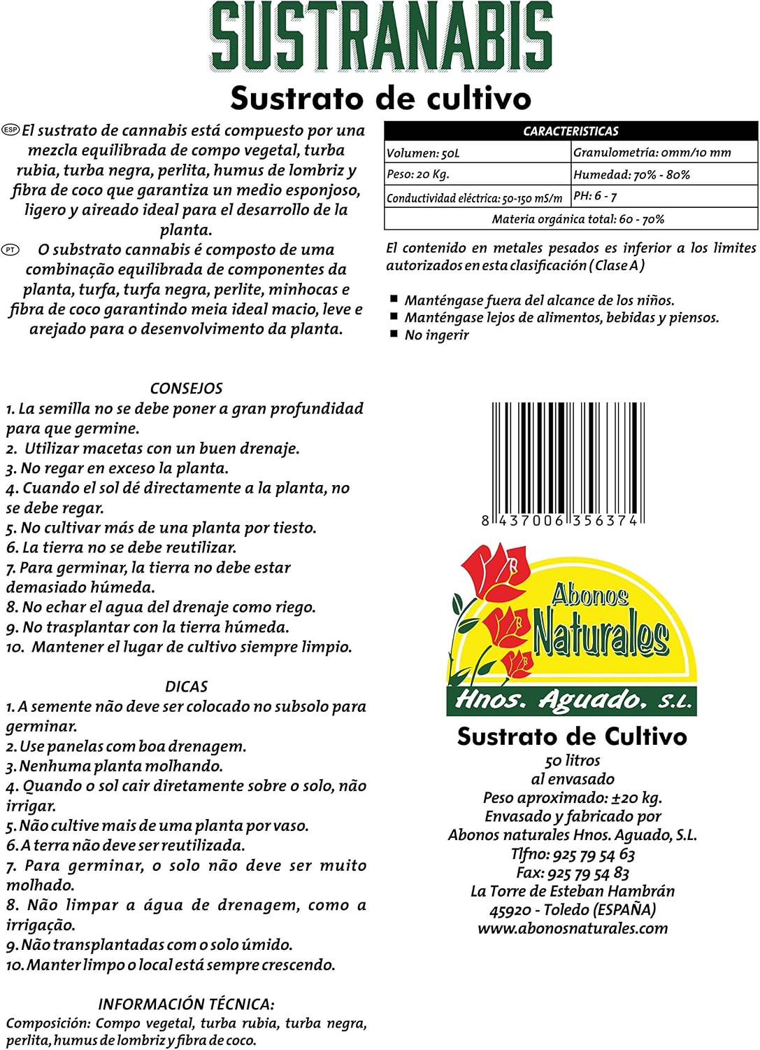 ABONOS NATURALES HNOS. AGUADO S.L. SUSTRANABIS 50L: Amazon.es: Jardín