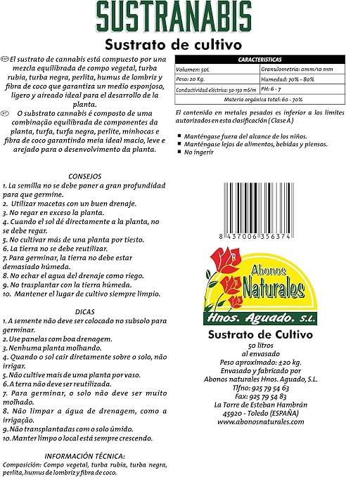 ABONOS NATURALES HNOS. AGUADO S.L. SUSTRANABIS 50L: Amazon.es: Jardín