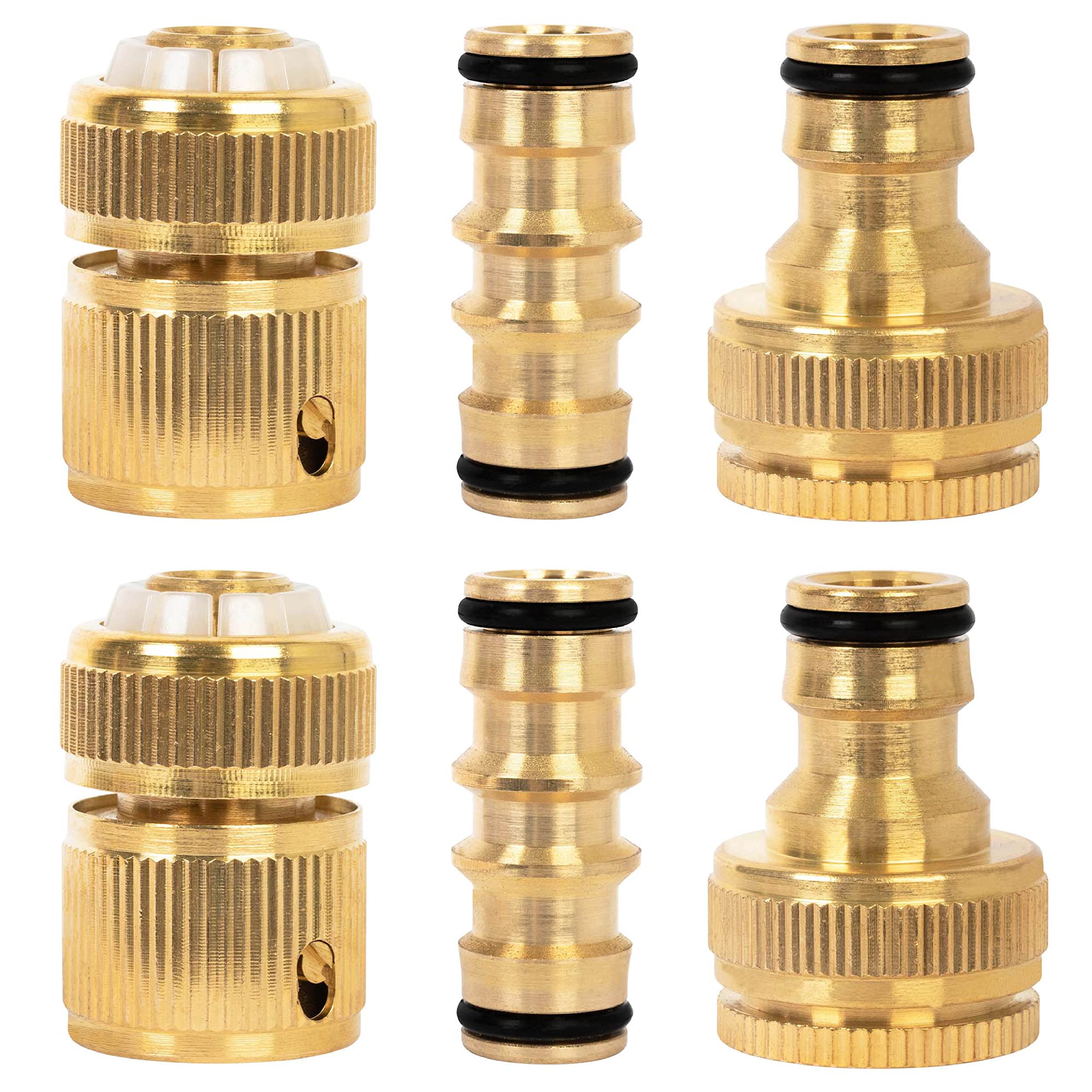 BLOSTM Brass Garden Hose Connector 6 Pack - Rustproof Hose Fittings & Connectors Set with 2 Double Male Connector, 2 x Hose ½” End Quick Connect, 2 x ½” Hose Tap Connectors - Fits Most Hoses