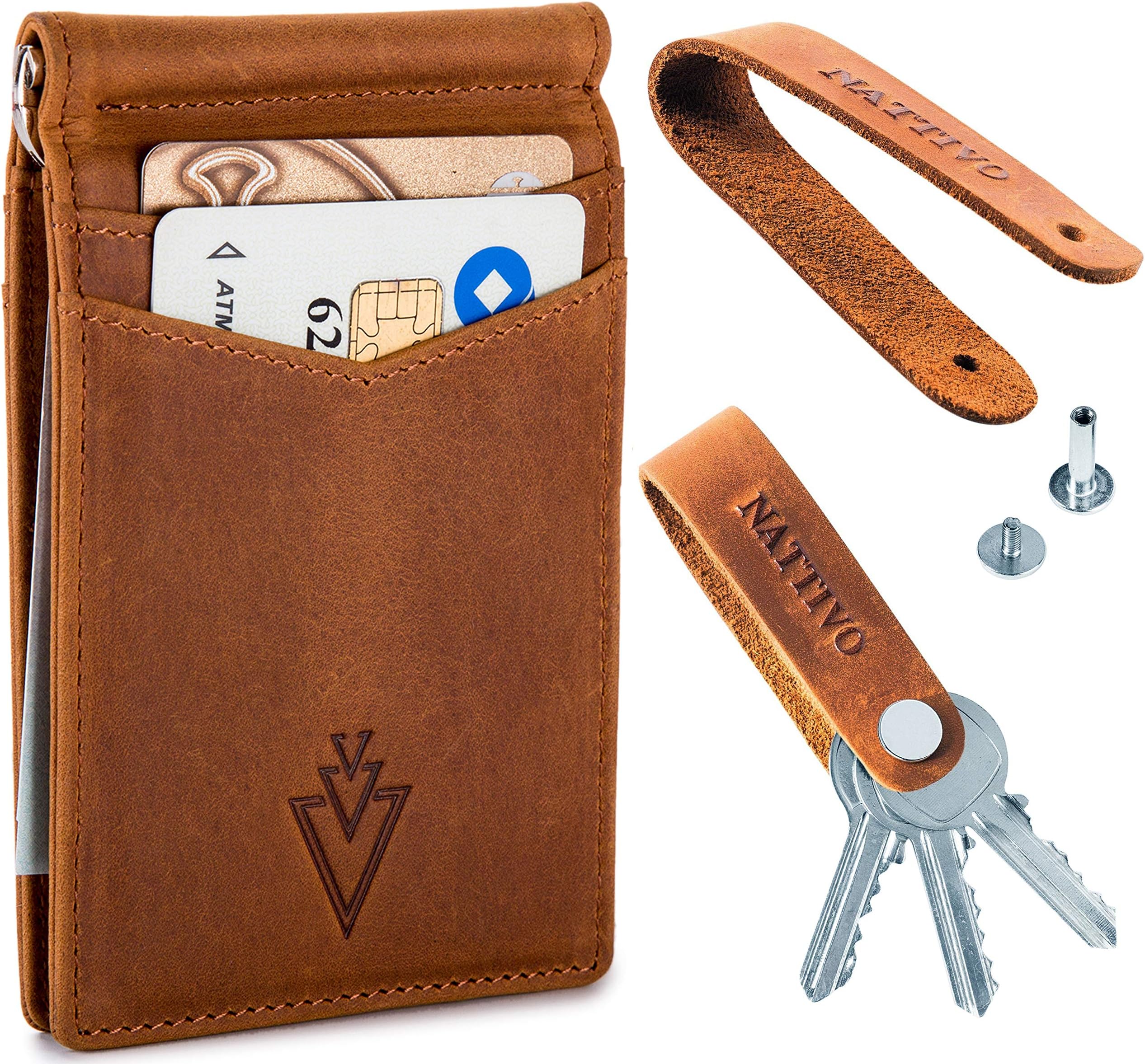 Men's Leather RFID Money Clip Slim Wallet with Leather Keychain