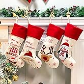 Hopearl 19'' Christmas Stockings Kit 4 Pcs Xmas Stocking Father Christmas Snowman Reindeer Penguin Rustic Flax Socks Holders Ornament Gifts Bags for Family Tree Party Supplies