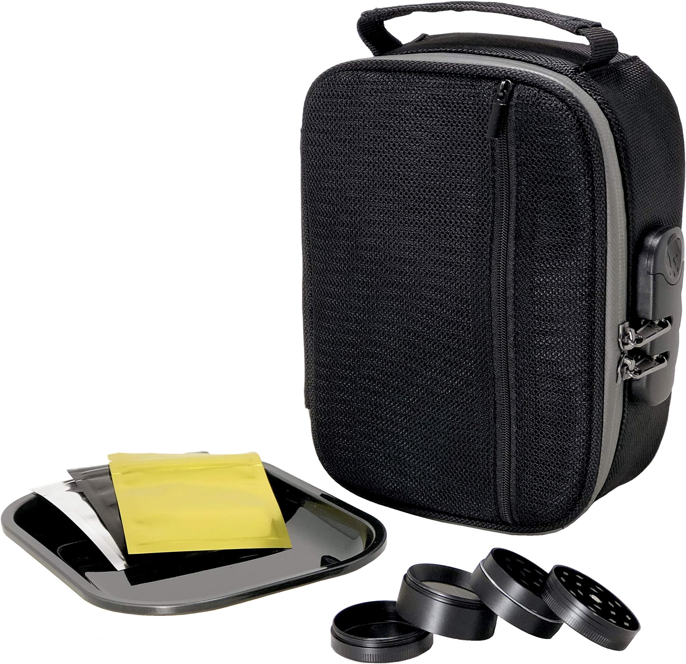 Smell Proof Bag with Combination Lock by STASHL - Discreet Logo Free Smell Proof Case Container Comes with a Free Herb Grinder, Rolling Tray and 3 Resealable Travel Bags