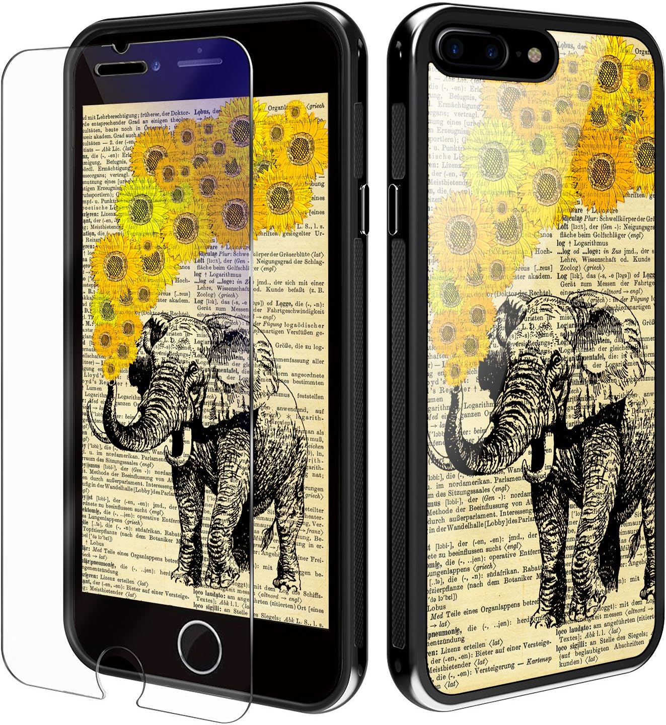 iPhone 8 Plus Case YiPG Elephant Sunflower Dictionary Phone Case for Apple iPhone 7/8 Plus (5.5 inch), Protective Kit with Blue Light Filter (Eye-Protect) Tempered Glass Screen Protector … (Elephant)