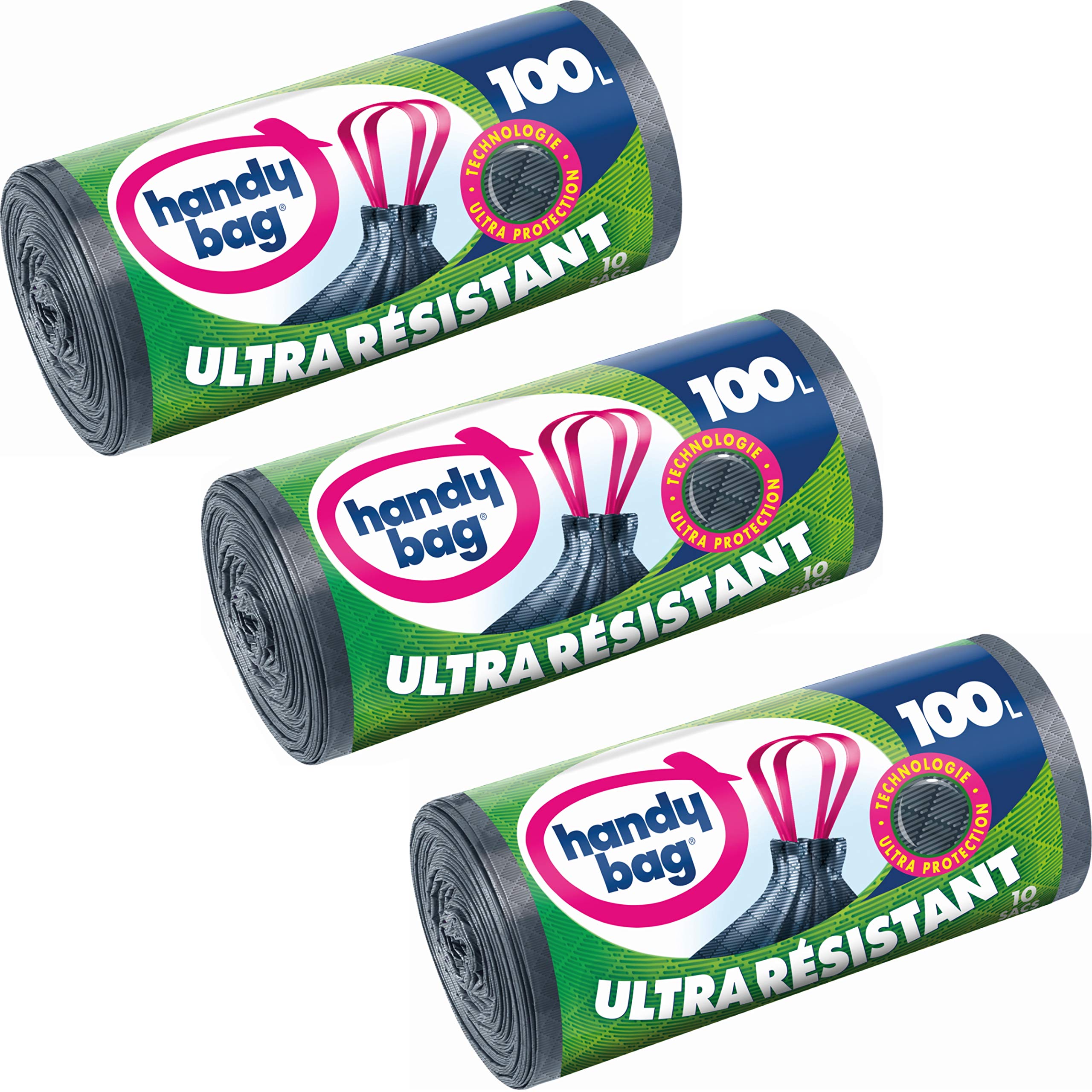 Handy Bag 3 Rolls of 10 Bin Liners, 100 L, Sliding Handles, Heavy Duty, Leakproof, 82 x 90 cm, Dark Grey, Opaque