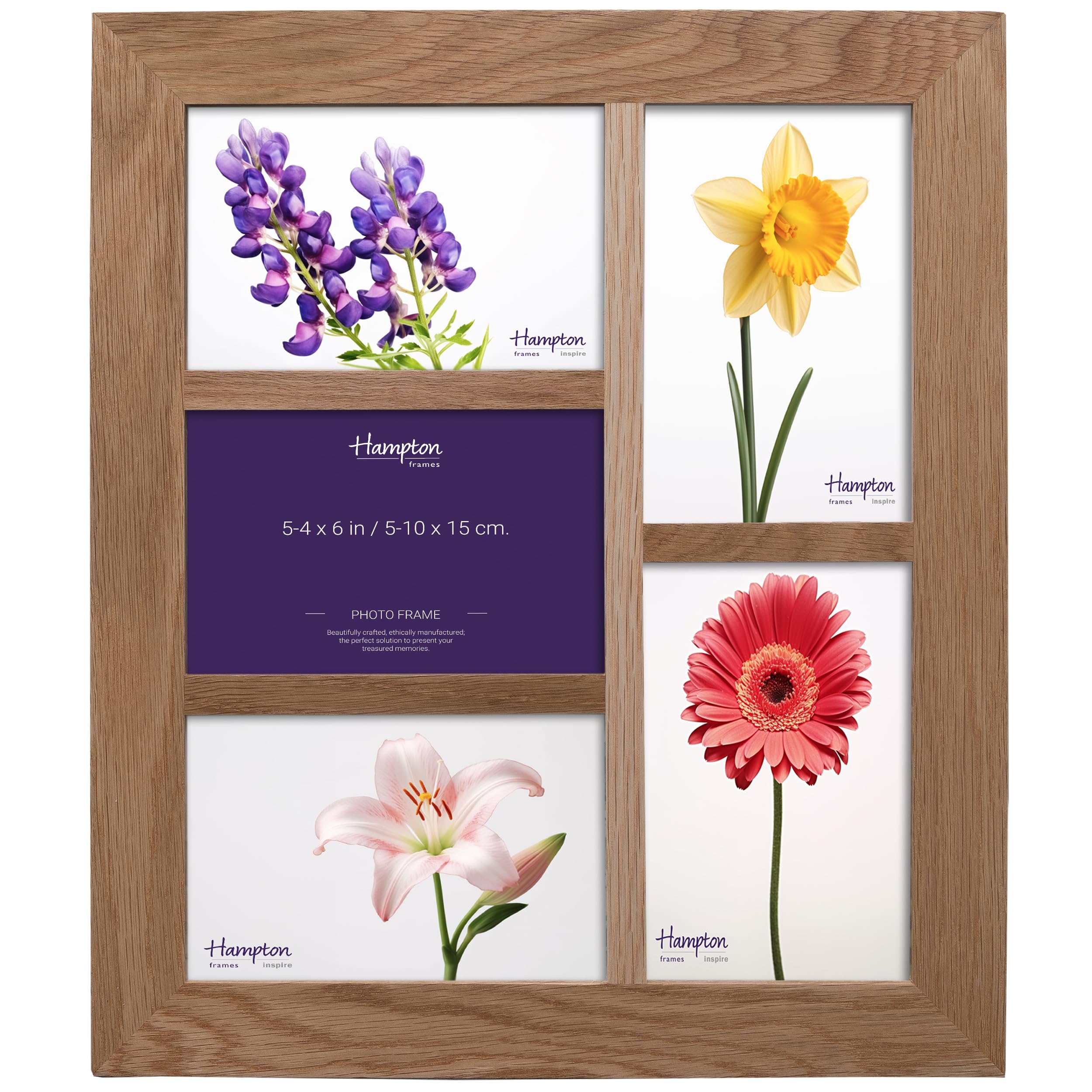 inspire by Hampton Frames | Multi Aperture Photo Frame OAKRIDGE | 35.7x30.8cm, Natural Oak, Polished Wood, Acrylic Front | Holds Five 4x6 | Wall Mount | Display Memories