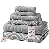 Modern Threads Oxford 6-Piece 100% Cotton Towel Set – Yarn Dyed Jacquard & Solid – Includes 2 Bath Towels, 2 Hand Towels, 2 Washcloths – Absorbent, Quick Dry, Soft & Durable – Gray