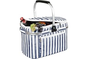 Tirrinia Large Insulated Picnic Basket, 34L Water Resistant & Leakproof Collapsible Portable Cooler Basket Set with Aluminium Handle for Travel, with a Free Foldable Grocery Bag, Strip
