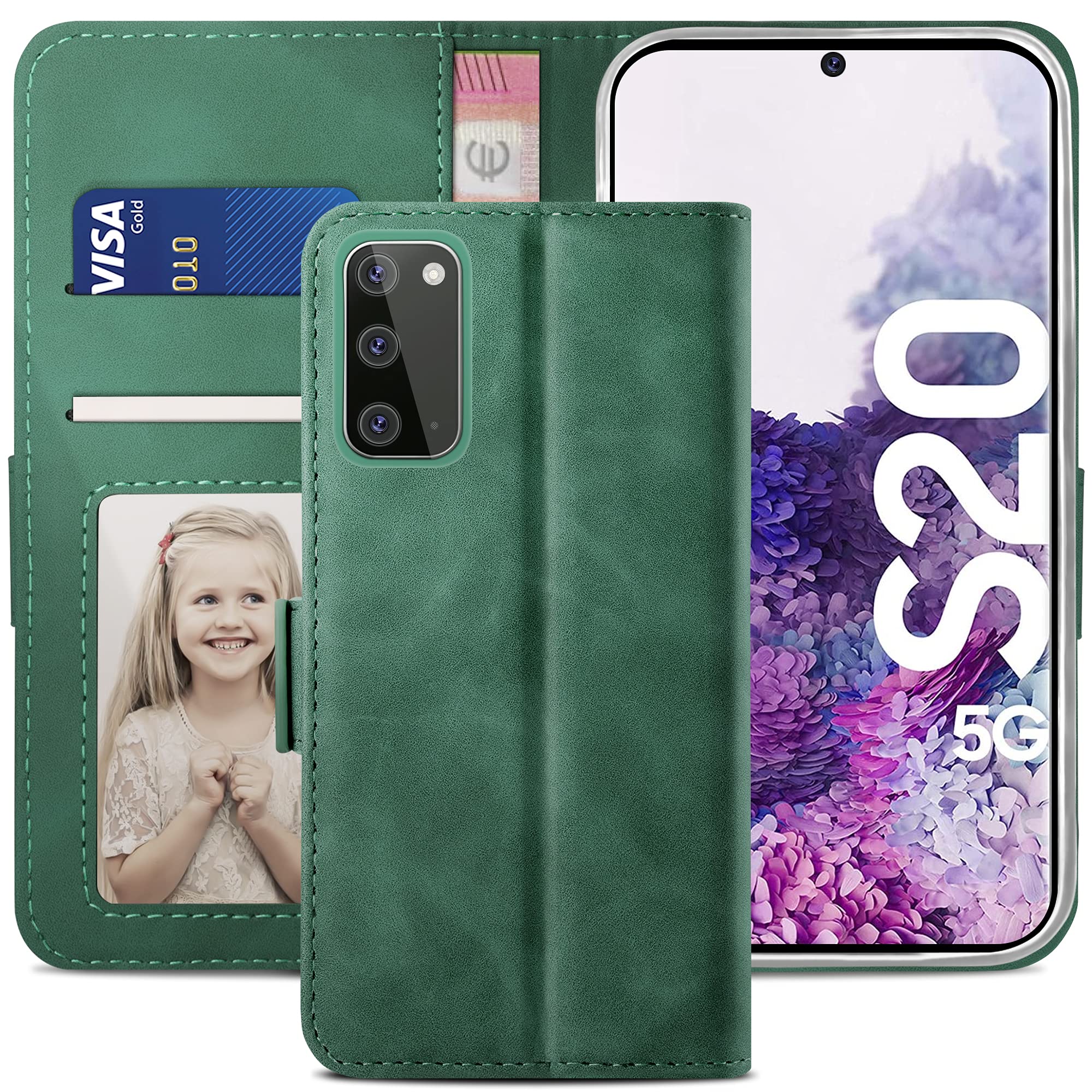 YATWIN Compatible with Samsung Galaxy S20 Case, Flip Wallet Leather Case with Card Slot and Shockproof Function Kickstand Phone Cases Cover for Samsung S20 4G/5G - Pine Green