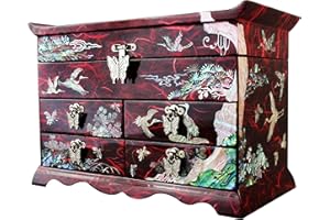 ANTIQUE ALIVE Mother of Pearl Crane and Pine Tree in Red Mulberry Paper Design Wooden Jewelry Mirror Trinket Keepsake Treasure Drawer Lacquer Box Case Chest Organizer