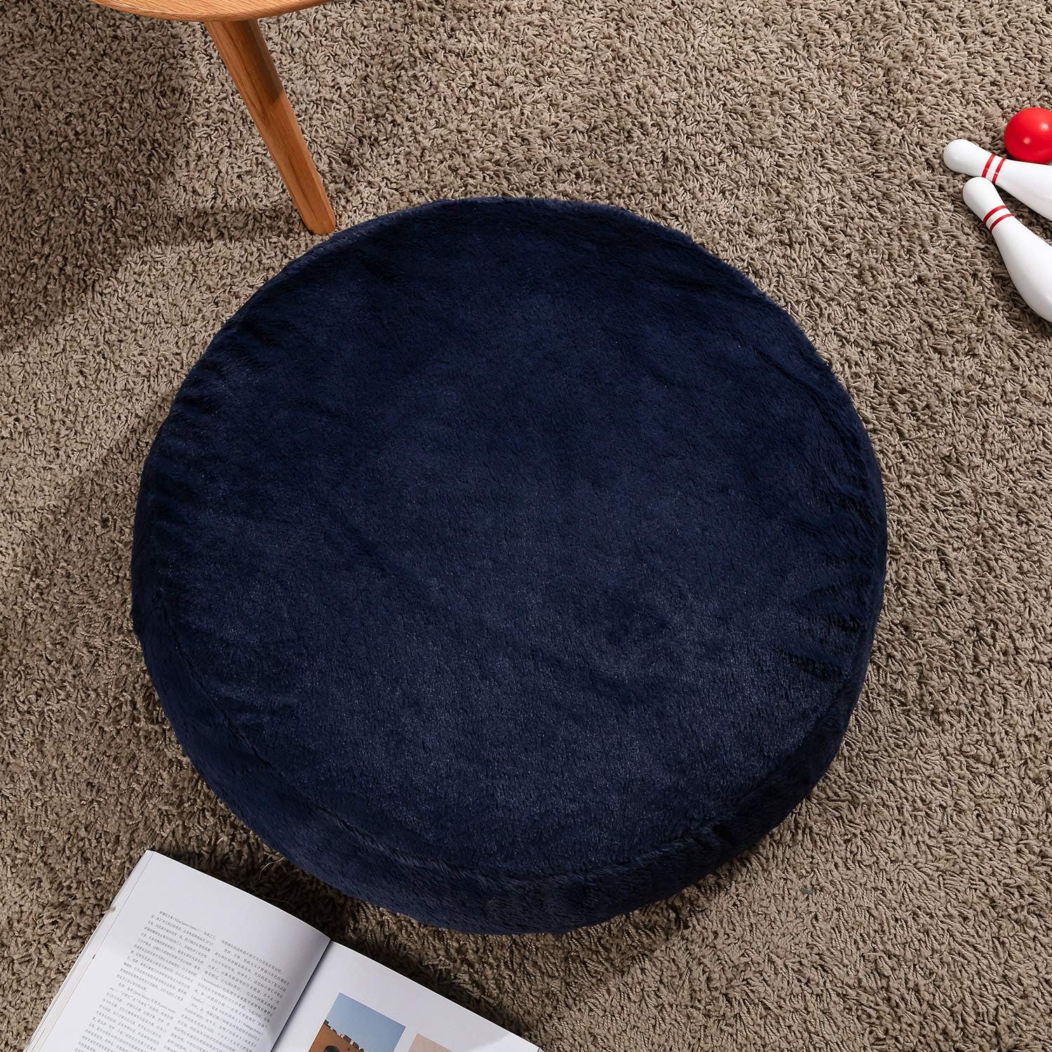 HIGOGOGO Thick Round Floor Pillow, Long Faux Fur Floor Cushion with Removable Cover Thickness: 8" Soft Fluffy Meditation Cushion Thick Round Pouf Seating for Living Room Bedroom Sofa, Navy, 24"x24": Kitchen & Dining