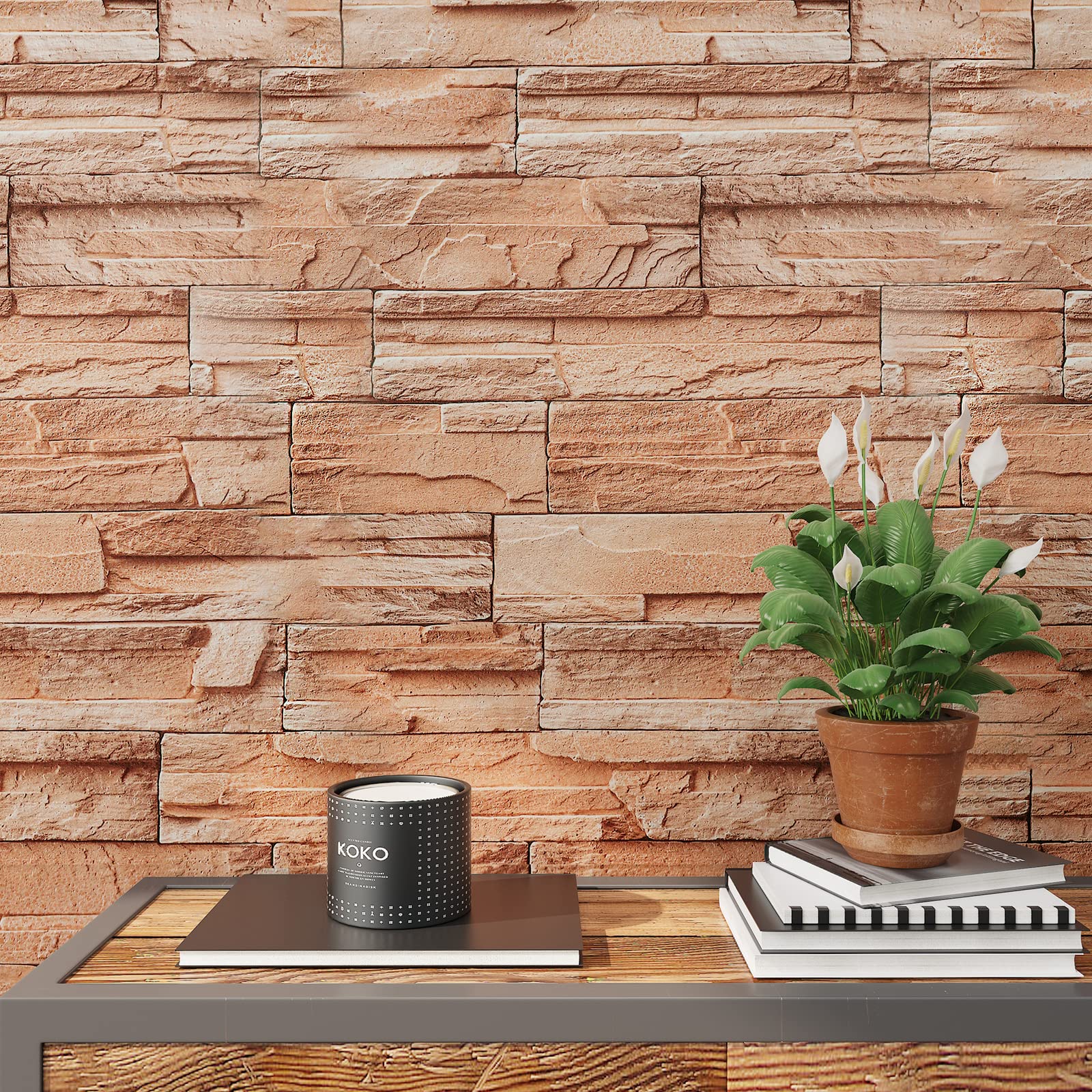 VEELIKE 40cm x 300cm Brick Effect Wallpaper Waterproof Self Adhesive Vinyl Stone Kitchen Contact Paper Backsplash Oilproof Washable for Living Room Bedroom Worktop Countertop Easy to Clean Removable