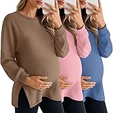 Sweetyweee 3 Pack Women's Maternity Shirts Long Sleeve Waffle Knit Side Split Oversized Tops Pregnancy Clothes Fall Tees(Camel, Pink, Sky Blue,XX-Large)