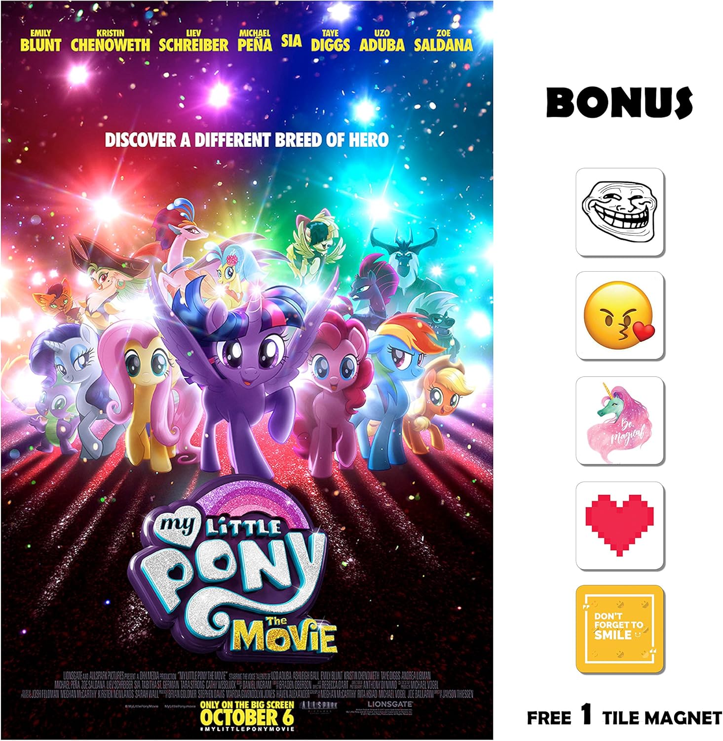 My Little Pony : The Movie (2017) - Discover a Different Breed of Hero - 13 in x 19 in Movie Poster Flyer Borderless + Free 1 Tile Magnet