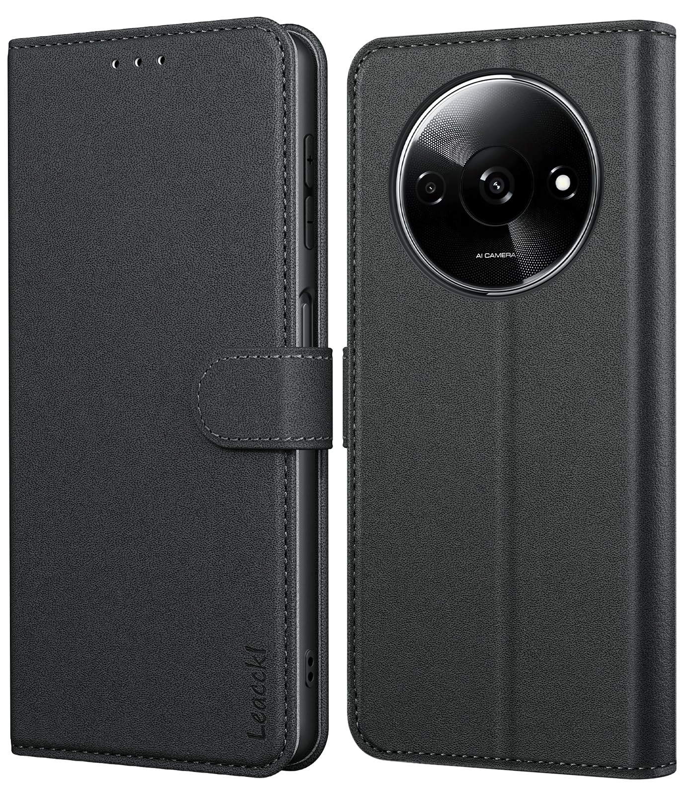 Leacckl for Xiaomi Redmi A3 Case, Leather Wallet Case, Flip Case with Card Holder and Magnetic Buckle, Black