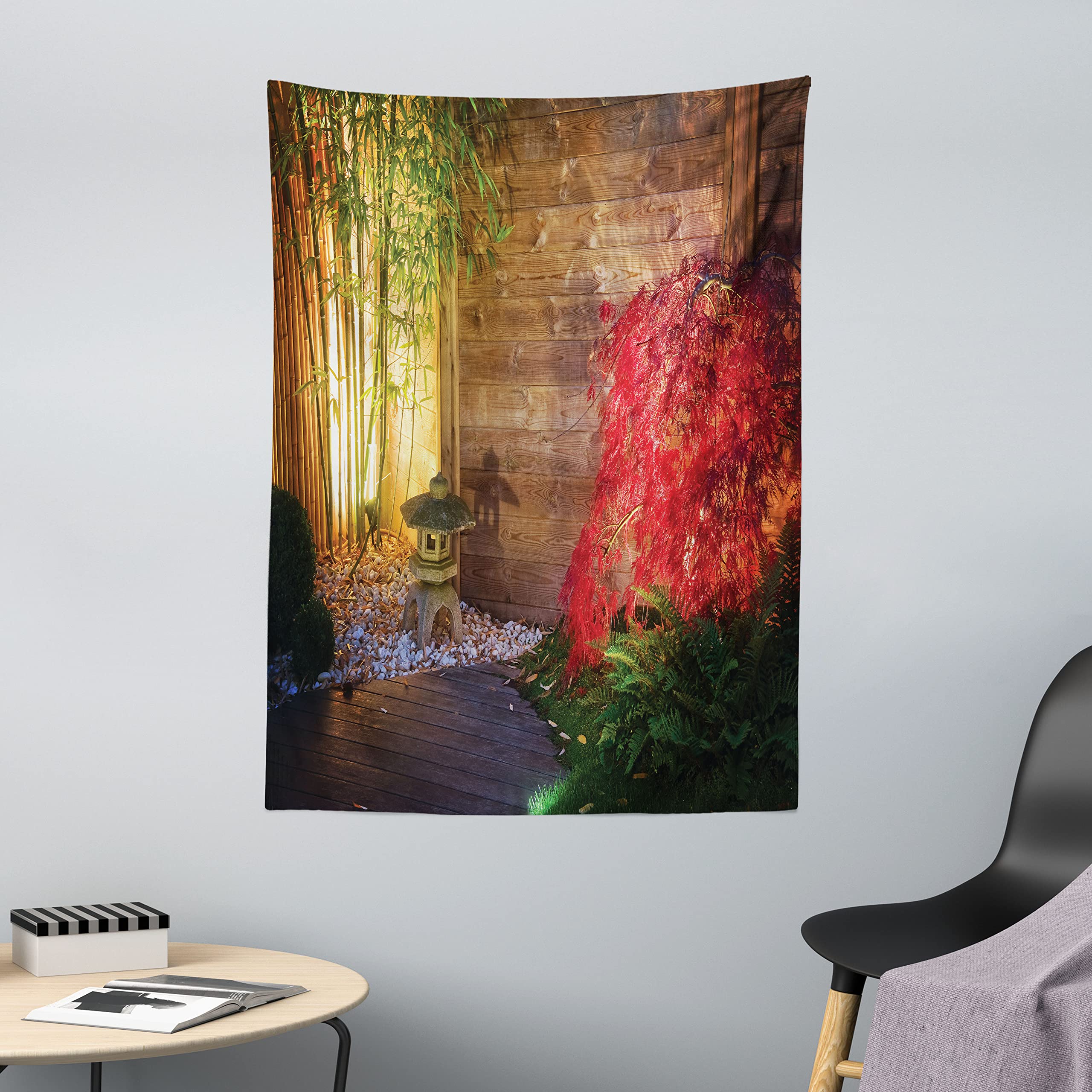 ABAKUHAUS Garden Tapestry, Japanese Stone Lantern and Red Maple Tree in an Autumnal Garden Bamboo Trees, Fabric Wall Hanging Decor for Bedroom Living Room Dorm, 110 x 150 cm, Green Beige