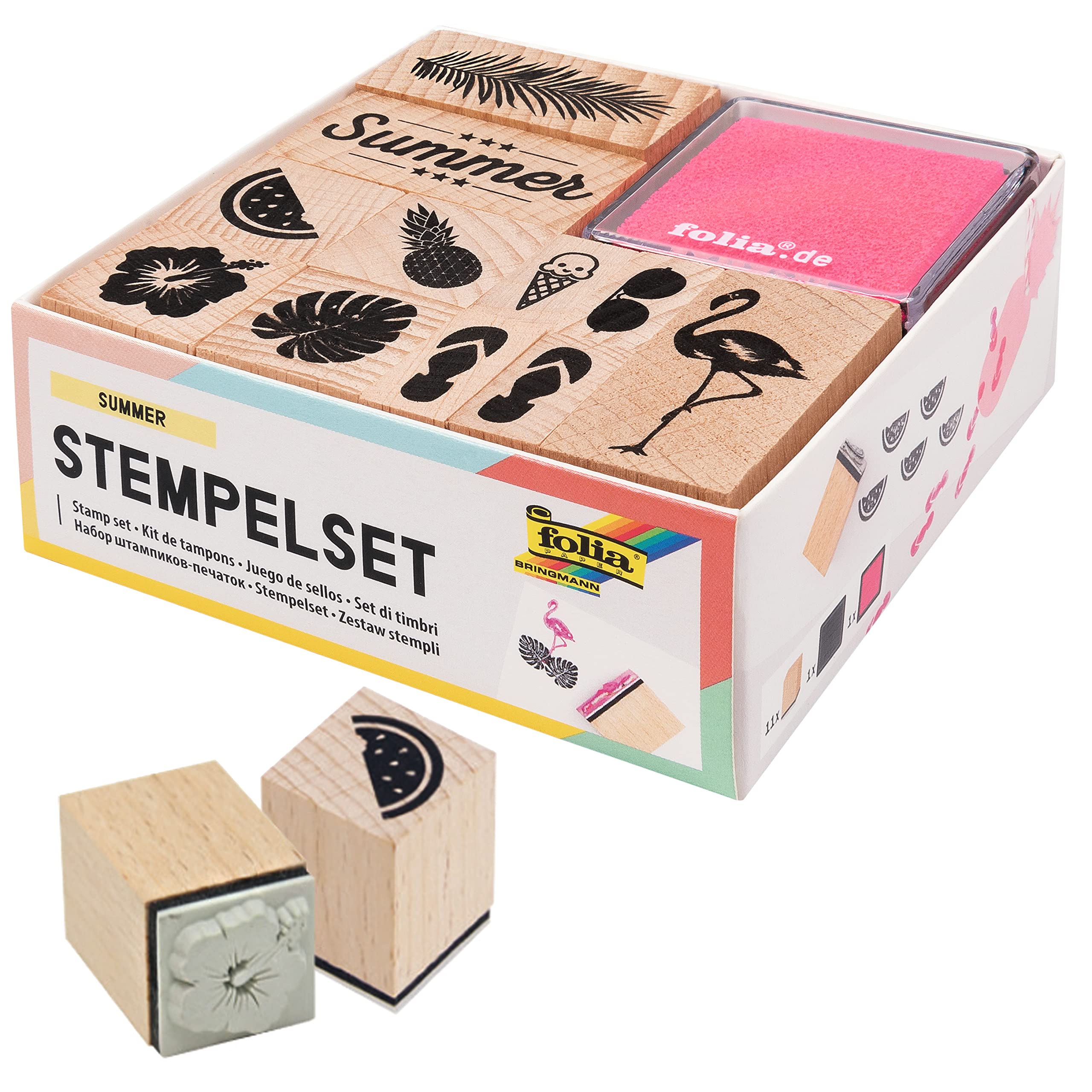 folia 31101 Wooden Stamp Set Summer Including 11 Wooden Stamps and 2 Ink Pads - Ideal for Decorating Cards, Friendship Books, for Lettering and Scrapbooking