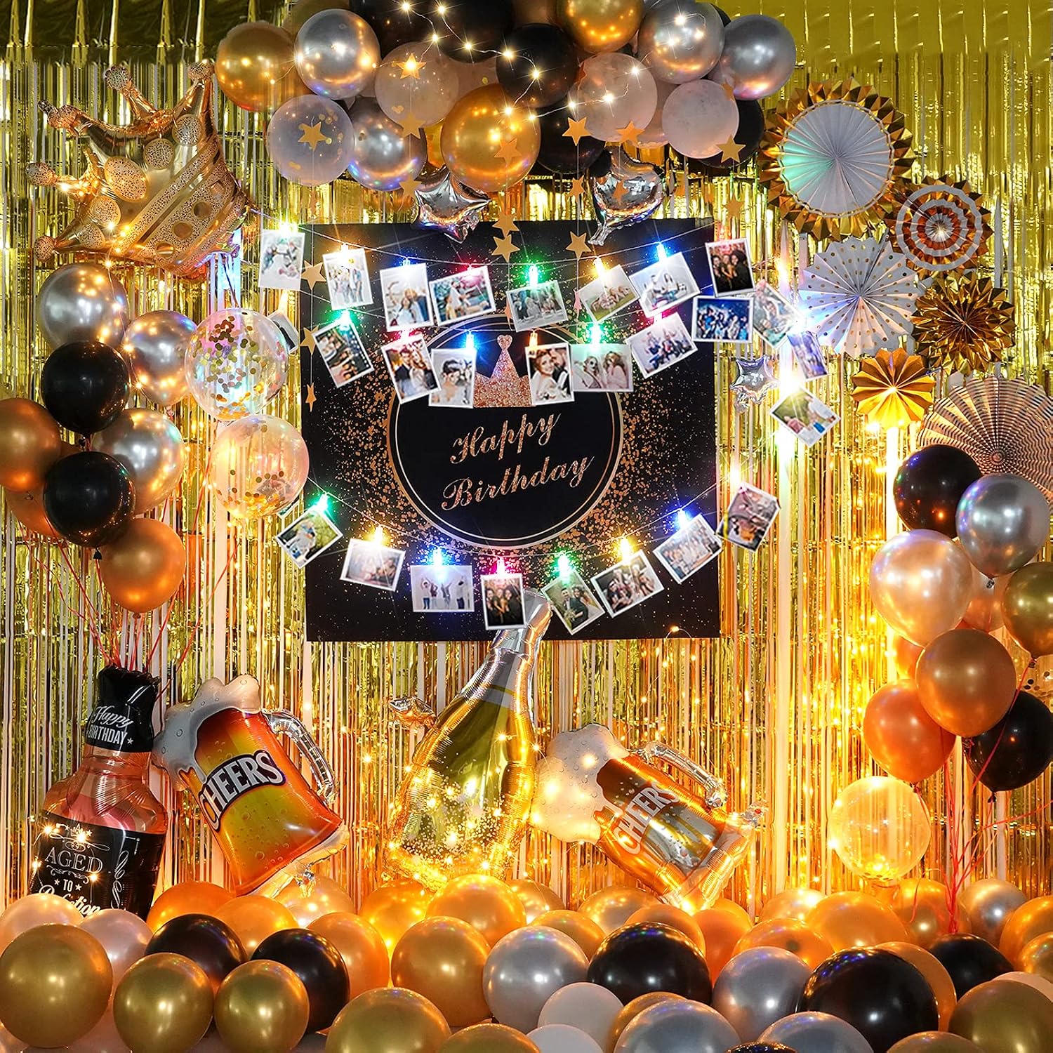 Adult Birthday Party Decoration for Men and Women Gold Theme Happy Birthday Poster Supplies Set With String Light for Charming night- All Total 79 Pcs - Image 4