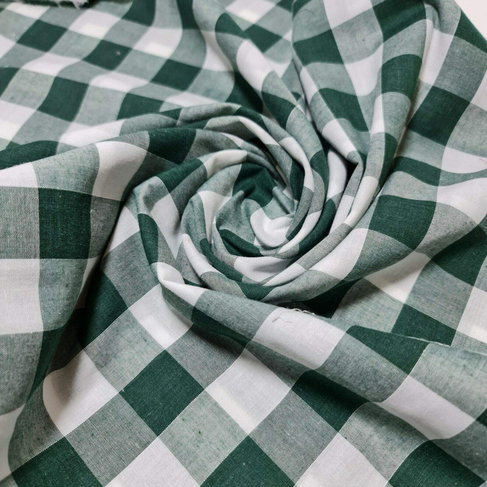 Polycotton Fabric 1" Gingham Check Material Dress Craft Uniform Checked 112cm (Bottle Green, 5 Meter) — image 1