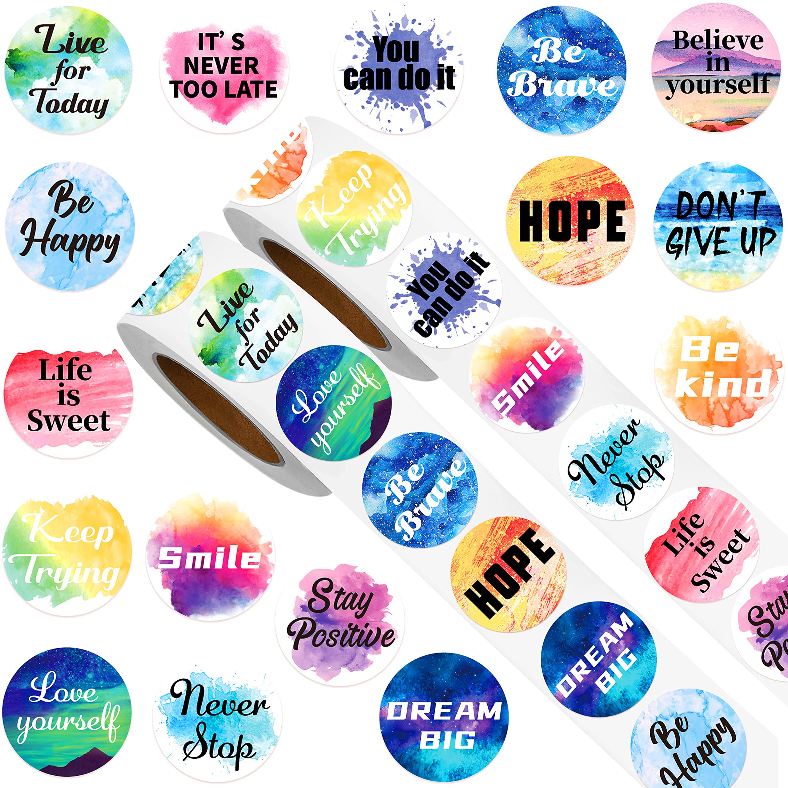 Photo 1 of 1000 Pieces Inspiring Planner Stickers Round Inspirational Quote Label Watercolor Motivational Encouraging Stickers Positive Words Seal Decals Adhesive for Phone, Book, Water Bottle, Envelope