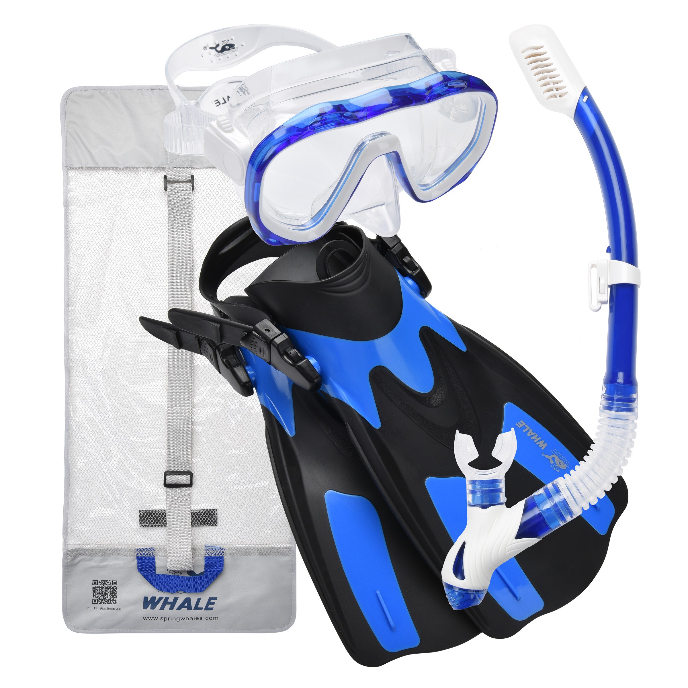 Whale Dive Mask Fin Size Adjustable Snorkel Set New Brand with Snorkeling Gear Bag for Both Men & Women Diving Gear