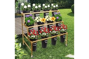 LOPOO 3-Tier Flower Display Stand with 12PCS Buckets & Wheels, Indoor Outdoor Plant Stand Heavy Duty Flower Pot Ladder Shelf for Display Shop, Rolling Flower Cart with Buckets for Garden Patio Florist