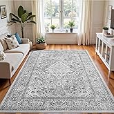 Flagover 4x6 Grey Washable Boho Area Rug for Bedroom, Vintage Floral Non Slip Living Room Rugs, Soft Low Pile Indoor Mat, Aesthetic Pattern Carpet for Kitchen, Dining Room and Bedside