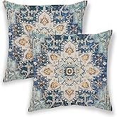 BETGINY Boho Pillow Covers 18x18, Blue and Teal Ethnic Design Outdoor Decorative Throw Pillows for Couch, Carpet Pattern Decor Cushion Cover 2 Pcs Farmhouse Linen Pillowcase for Bed Car Safa
