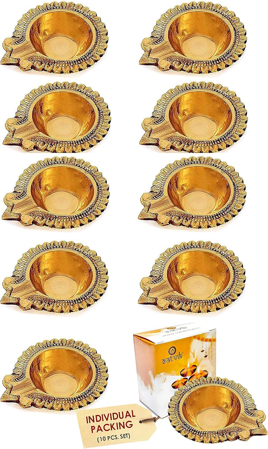 Oil Lamps & Accessories - SATVIK 10 Pc Lakshmi Deepak for Diwali Decoration. Handmade Oil Lamp Golden Engraved Made of Virgin Brass Metal Vilakku for Puja Pooja. Traditional Indian Deepawali Housewarming Return Gift Items