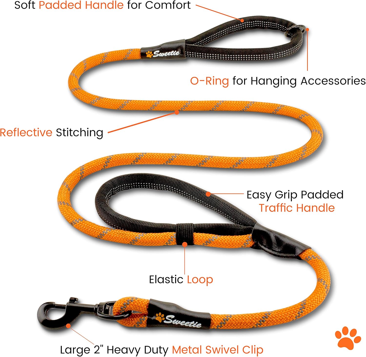 Sweetie Rope Dog Lead, Innovative Design with Two Padded Handles, Reflective Stitching & O-Ring - Image 3