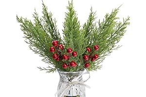 PURPLE STAR 1N 30 Pcs/Set Christmas 3D Artificial Pine Branches- 12.5 Inch Faux Evergreen Cedar Sprigs Branches- Fake Foliage Pine Needles Picks with Artificial Red Berry Stems for DIY Christmas Decoration