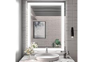 Keonjinn LED Bathroom Mirror with Lights, 28 x 36 Inch Front Lighted Vanity Mirror, HD Tempered Glass, UL-Listed LED Driver, Anti-Fog, 6000K Dimmale, Memory Function, Easy Installation