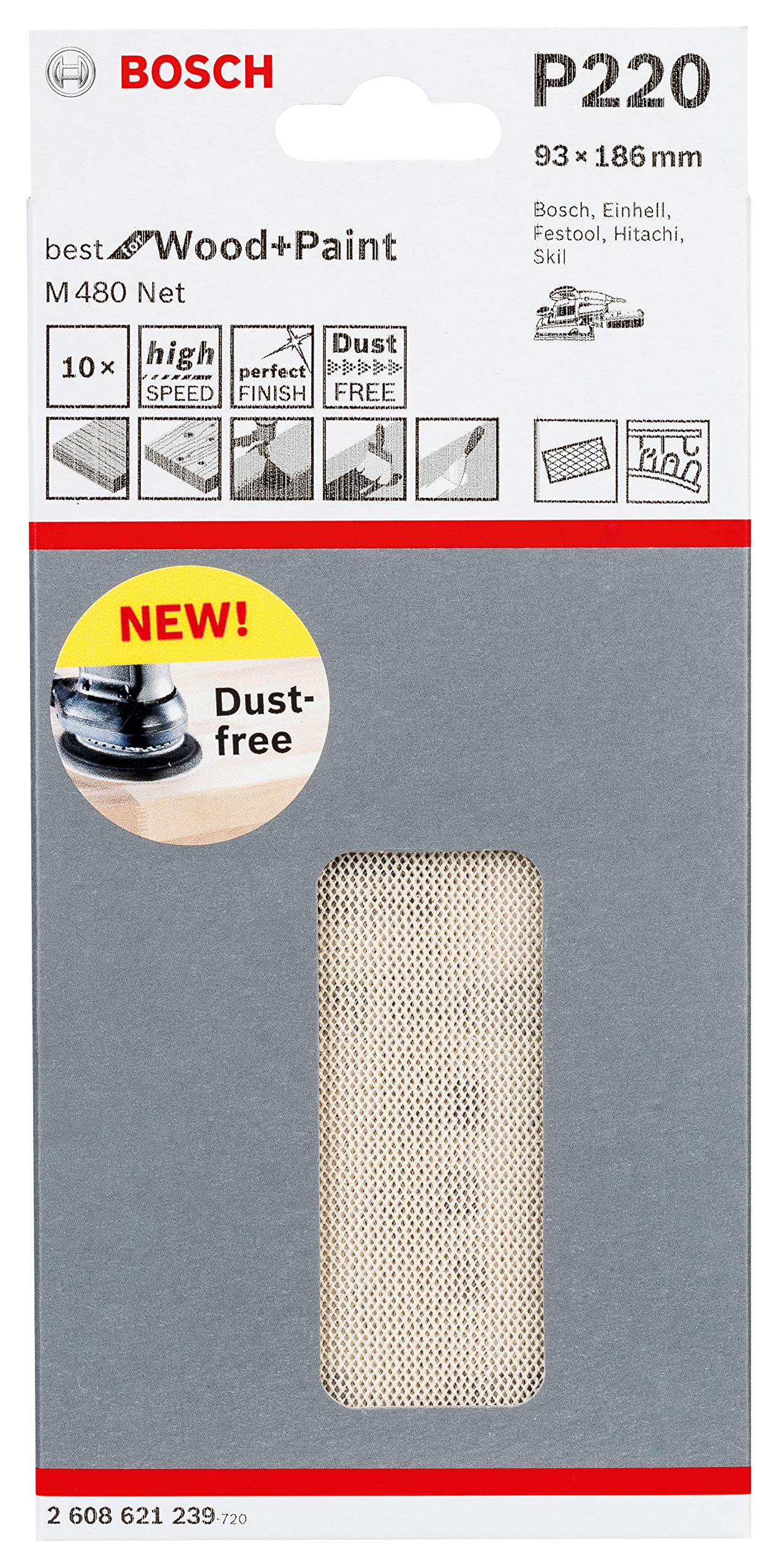 Bosch Professional Set of 10 Sanding Sheets M480 Best for Wood and Paint (Wood and Paint, 93 x 186 mm, grit G220, Accessories for Orbital Sanders)