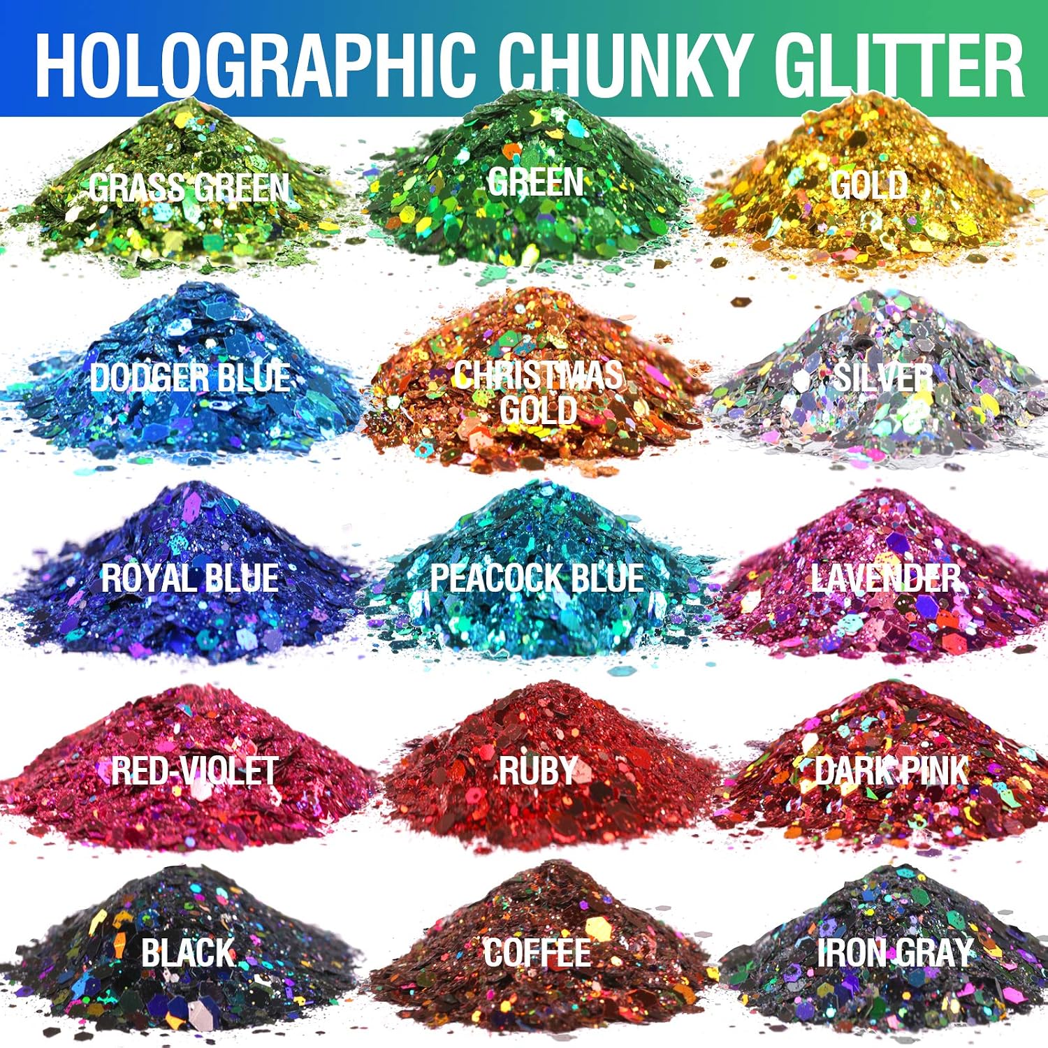 LEOBRO Holographic Chunky Glitter, 15 Colors for Resin Nail Art, Festival Cosmetic, Eye, Hair, Face, Body - Image 3