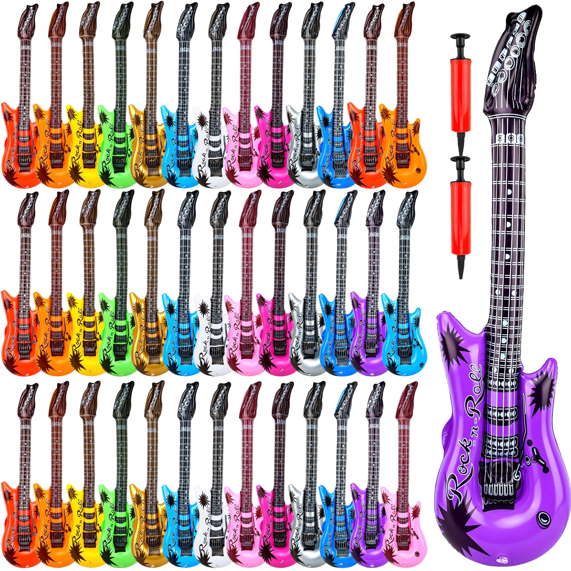40 Pack Inflatable Guitar Blow up Guitar Bulk Inflatable Rock Star Guitars with Air Pump for 80s 90s Themed Carnival Birthday Party Favor, 12 Colors