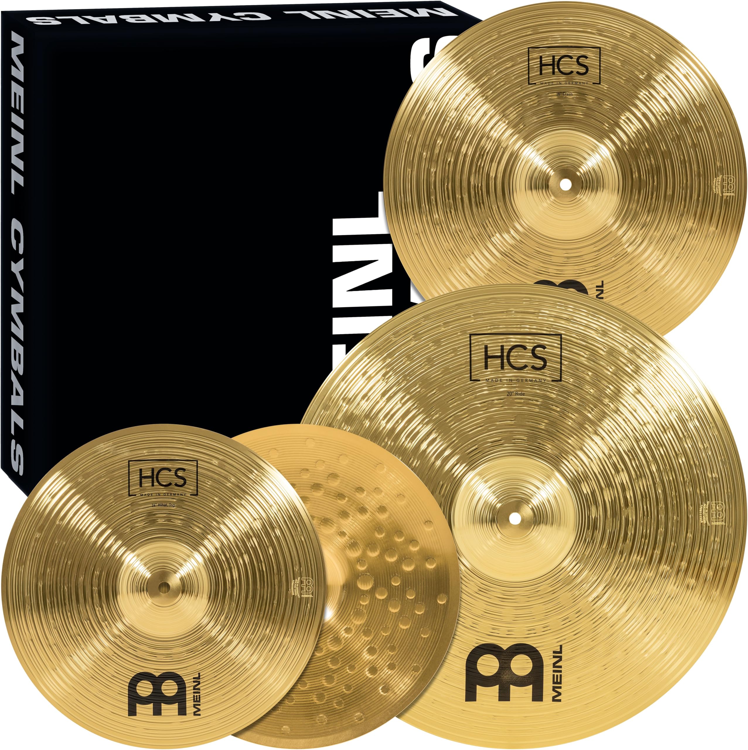 Meinl Cymbals HCS Complete Cymbal Set (Video) Box Pack with 14 inch Hihats, 16 Crash, 20 Ride for Drum Kit (35,56-50,80cm) Traditional Finish Brass (HCS141620)