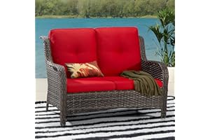 MeetLeisure Outdoor Patio Wicker Loveseat Sofa - 2-Seater Rattan Sofa for Outside Patio Garden with Deep Seating and Olefin Cushions(Mixed Grey/Red)
