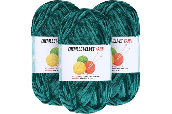 3 * 100g Velvet Chenille Chunky Yarn for Crocheting, Handcrafts Weaving Soft Chenille Yarn for Crocheting Clearance, Used for Making Baby Yarns Blanket, Clothes, Knitting Creations (Dark Green)