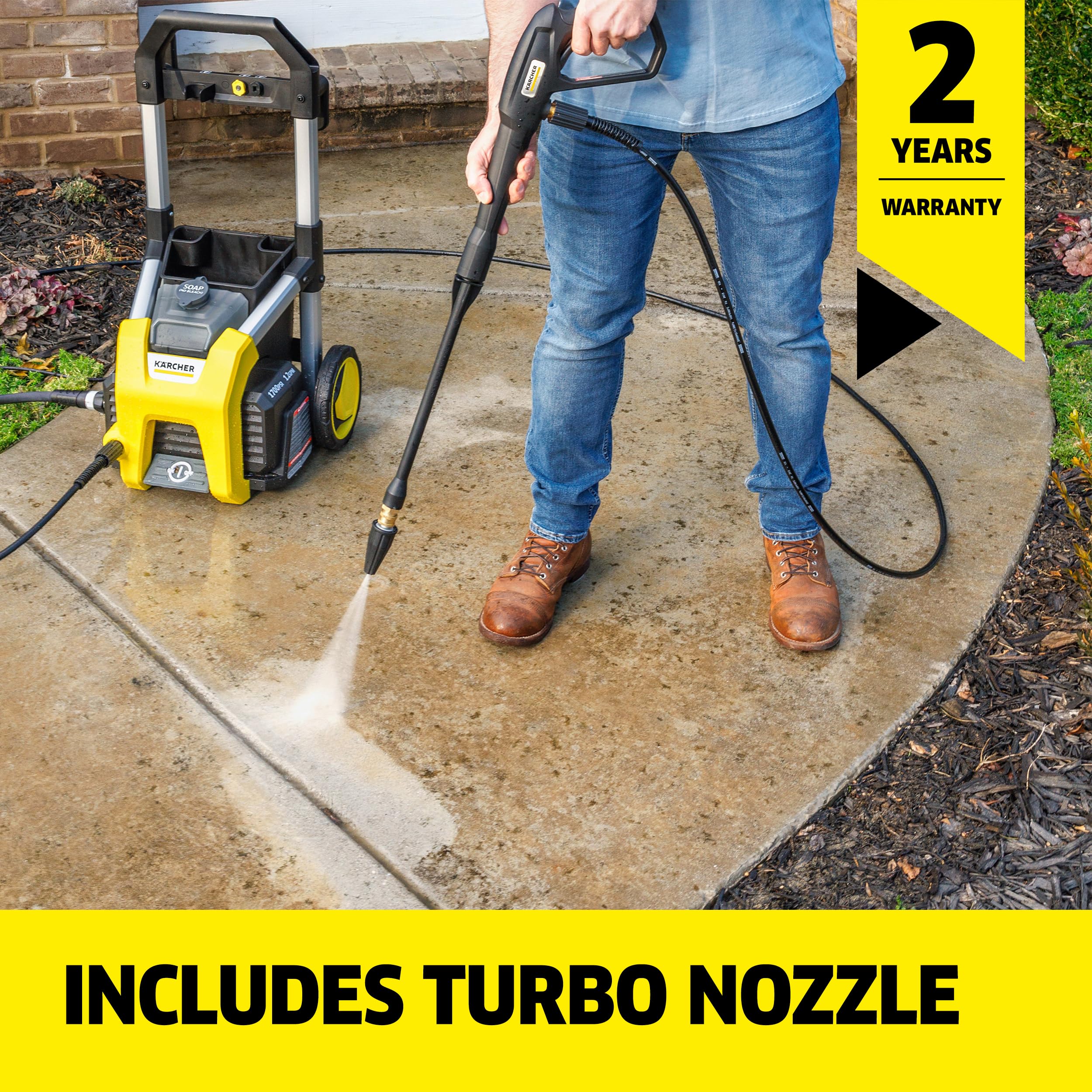 Kärcher Pressure Washer K1700, CETA Certified, 3 Spray Nozzles, Detergent Tank, for Cars, Driveways, Siding, Patios, 1.2 max. GPM