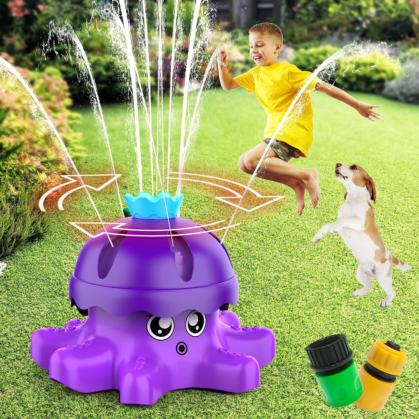 Outdoor Toys for Boy Girls, Water Spray Sprinkler for Kids Toddlers, Garden Spinning Sprinkler Toys, 2 Hose Adapters for Water Fun, 360° Water Spray, Summer Toys for 3 4 5 6+ Year Old, Fits All Hoses