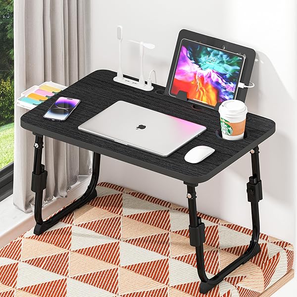DECOSIS LAPTOP DESK FOR BED HEIGHT ADJUSTABLE, LAP BED TABLE WITH USB/STORAGE DRAWER/CUP HOLDER/TABLET STAND/BOOK SHELF, FOLDABLE BREAKFAST TRAY PORTABLE FOR READING WRITING, SOFA & FLOOR, BLACK