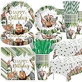 Suhelkit Jungle Safari Party Decorations for Birthday Baby Shower, Zoo Wild Animal Birthday Party Supplies, Paper Plates and Napkins Set, Cups, Straws, Cutlery, Tablecloth, 24 Guests