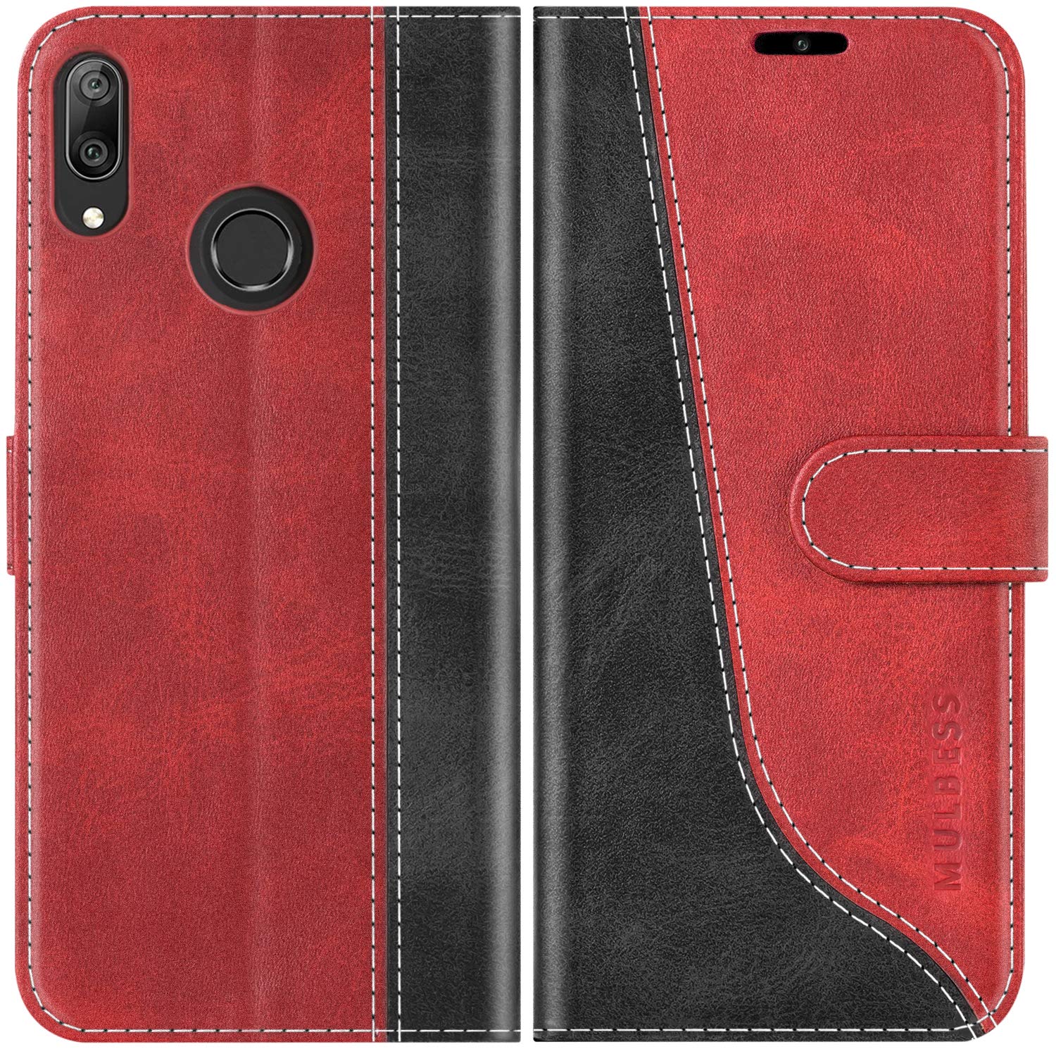 Mulbess Phone Case for Huawei Y7 2019 - PU Leather Wallet Case - Magnetic Protective Flip Cover with Credit Card Slot - Wine Red