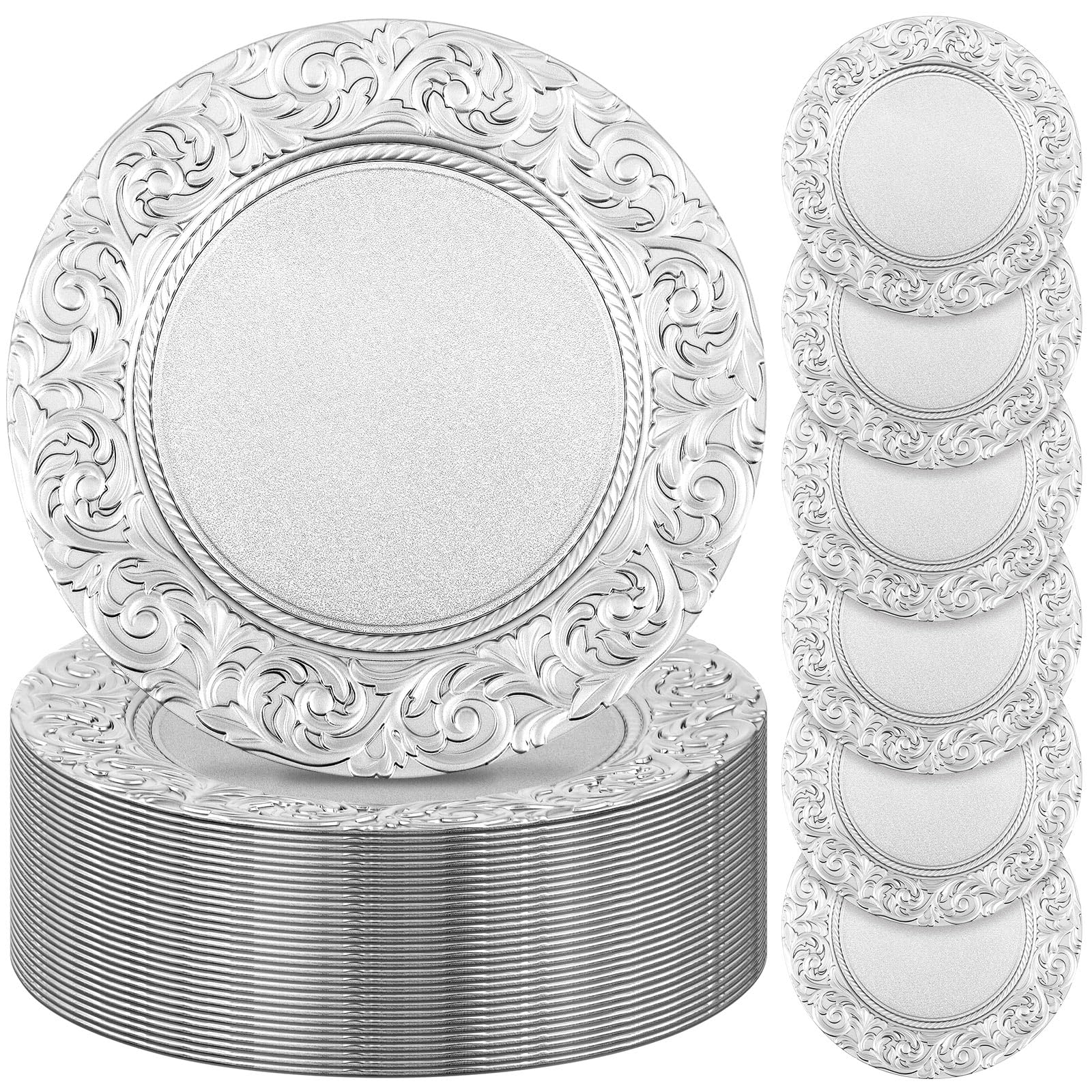 Photo 1 of Zhehao 50 Pcs Antique Charger Plates Bulk 13 Inch Embossed Rim Plastic Charger Plate Decorative Round Plate Chargers for Dinner Wedding Party Event Table Setting Decoration (Silver White)