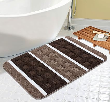 Saral Home Soft Microfiber Anti Slip Stripe Bathmat (Brown, 50x80cms)