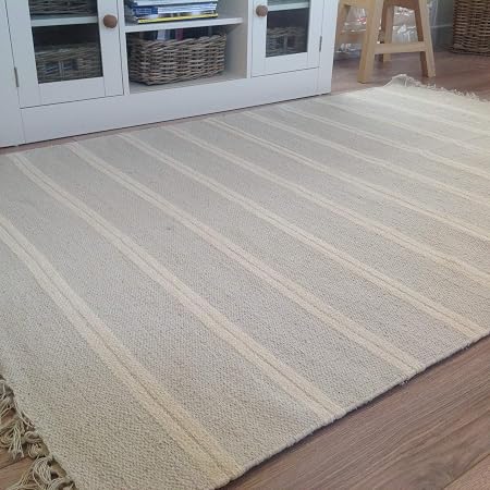 Tapis En Coton Naturel Et Jute Gris Avec Bandes Blanches