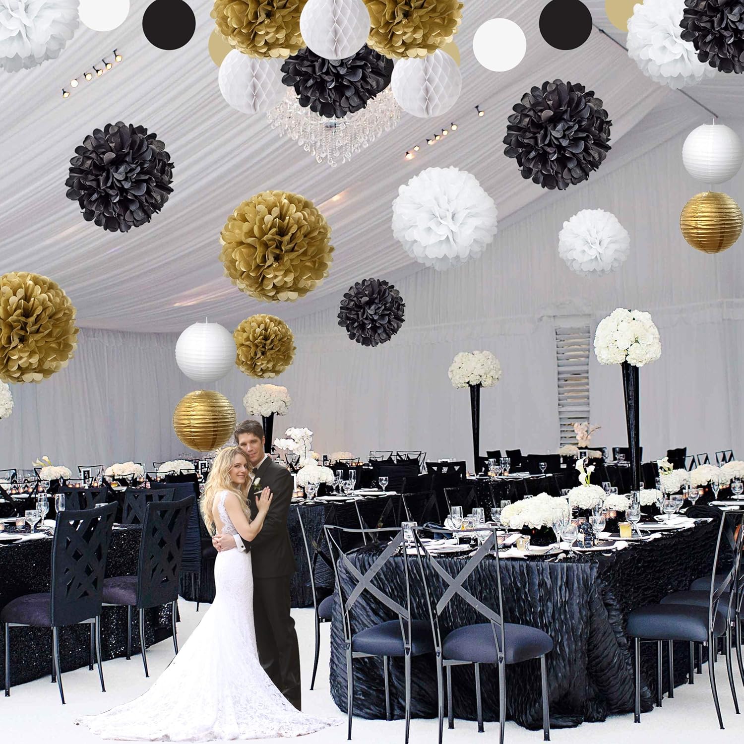 EpiqueOne 22-Piece Party Decoration Kit – Hanging Paper Lanterns, Honeycomb Balls and Tissue Paper Pom Poms for Special Occasions – Easy to Assemble – Colors: Black, Gold and White: Health & Personal Care