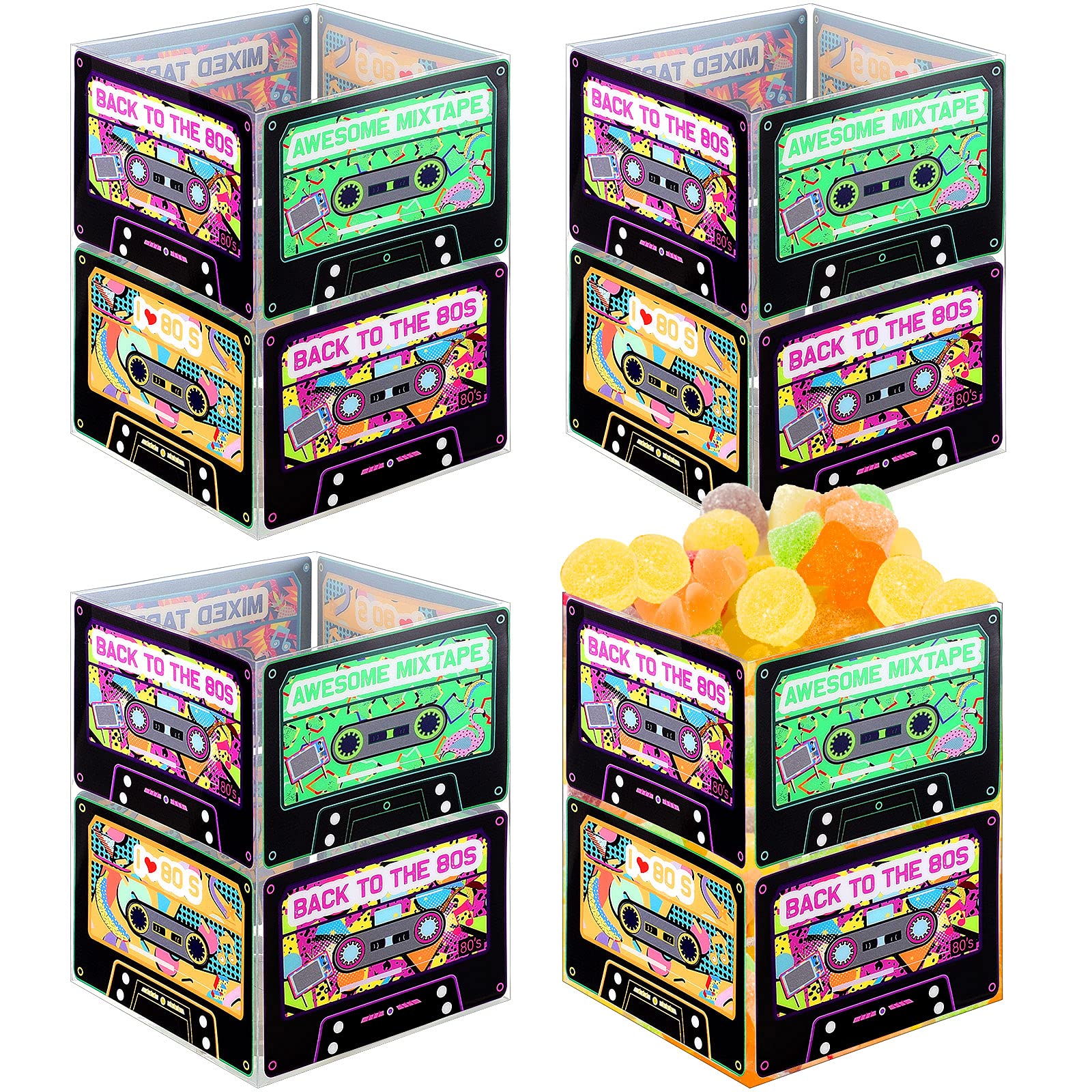 Photo 1 of Frienda 8 Pcs Cassette Decorations Retro Cassette Tape Decoration 90s 80s Theme Party Centerpieces 4 Styles Plastic Storage Bucket Cube for 90s Theme Party Gifts(13 x 10 x 10 cm)