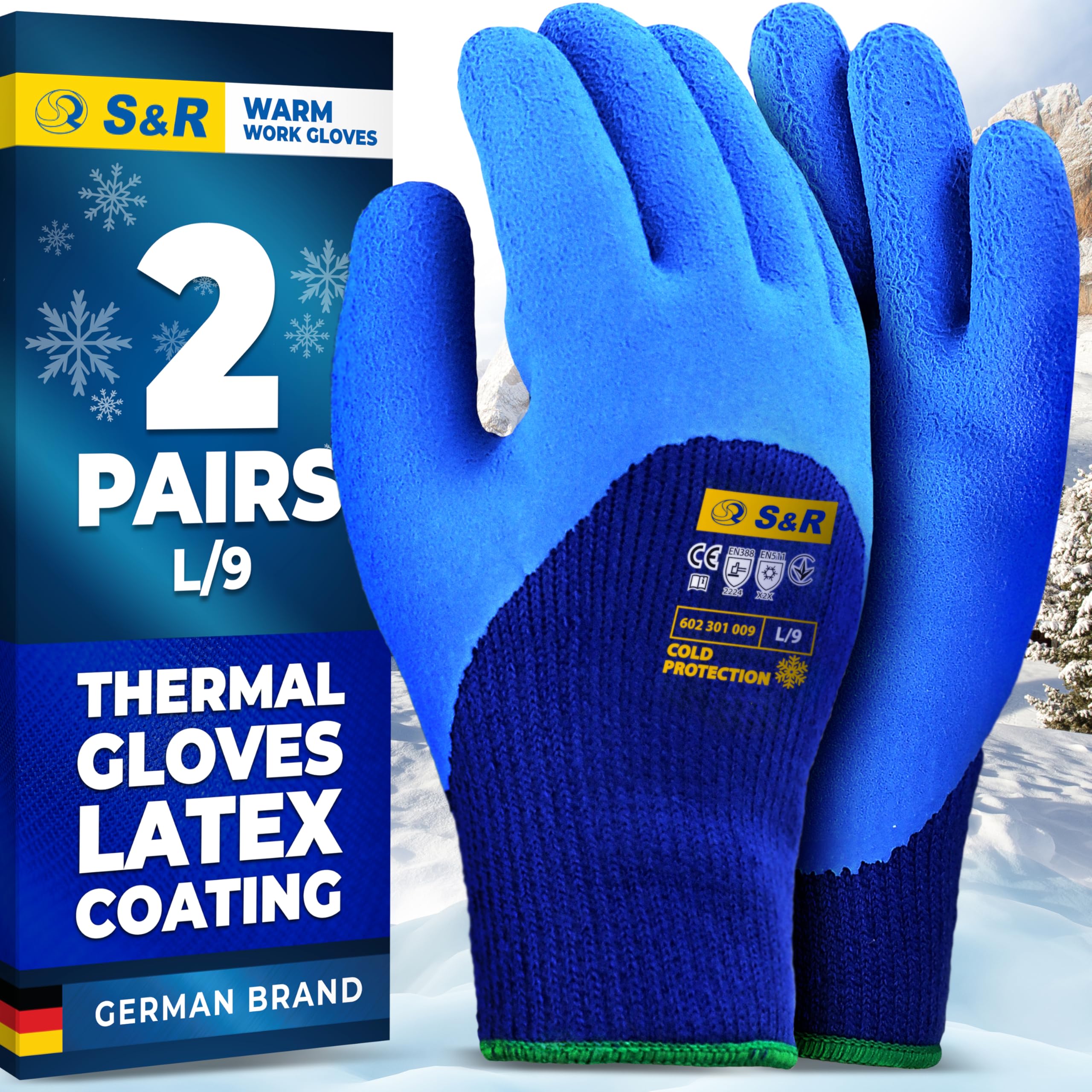 S&R 2 Pairs of Thermal Protective Work Gloves Size L/9 – Certified Winter Work Gloves with Latex Coating – EN388 & EN511 Cold Protection for Outdoor Use