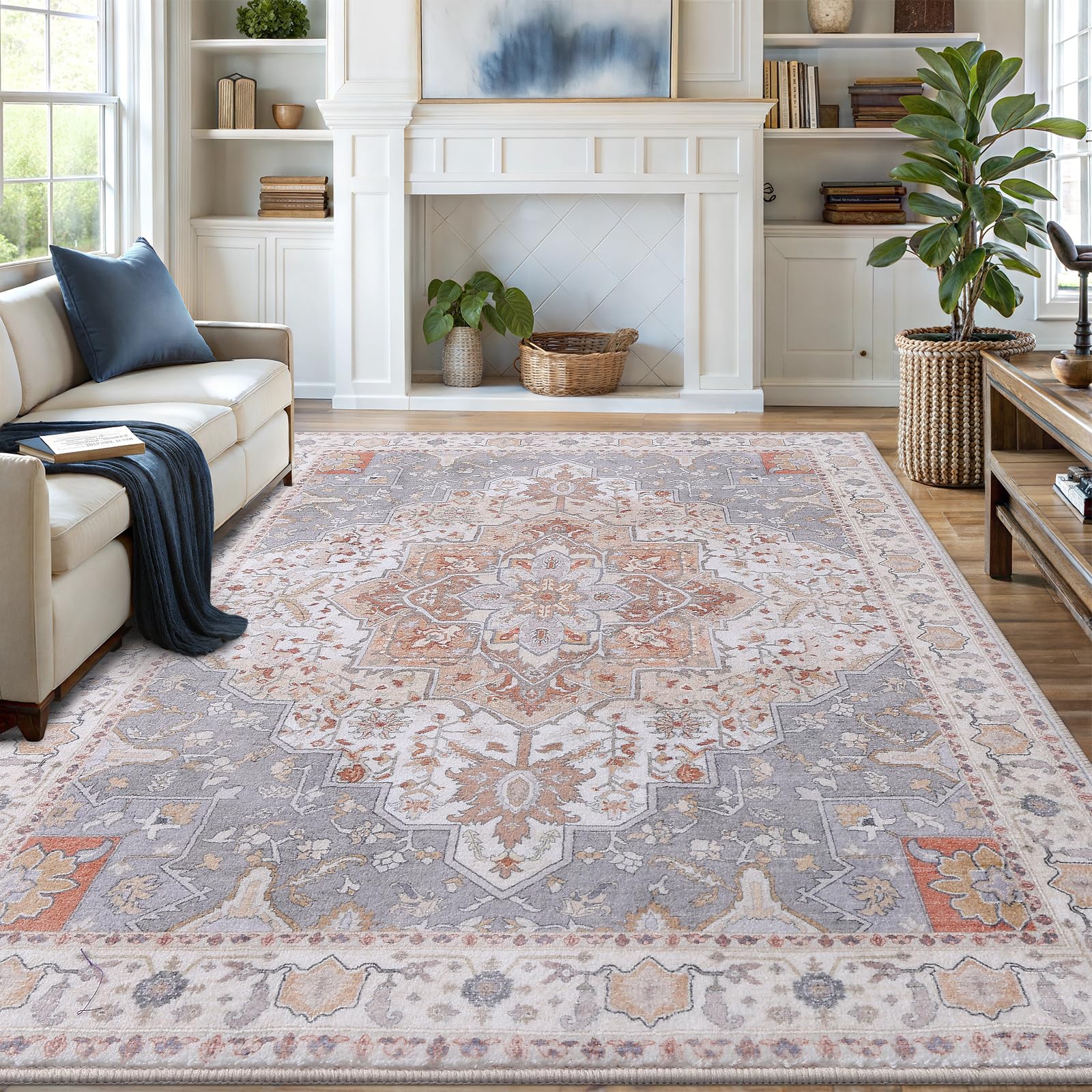 Vanmoos 8x10 Area Rugs for Living Room, Bedroom - Machine Washable, Non-Slip Bedside Rug, Large Soft Floor Carpet for Office, Dining Room, Farmhouse and Home Decor, Artistic Flair/Beige